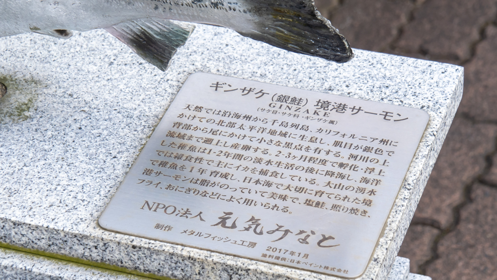ギンザケ(境港サーモン)像の説明板